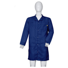 Cleanstat AD 98% Poly, 2% Carbon Fiber Navy Blue Cleanroom ESD Smock, Knee Length, Lapel Collar, Snaps in Front, Knit Cuffs, XLG - ESM-M625_I2-T4