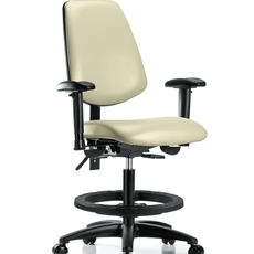 Vinyl Chair - Medium Bench Height with Medium Back, Adjustable Arms, Black Foot Ring, & Casters in Adobe White Trailblazer Vinyl - VMBCH-MB-RG-T0-A1-BF-RC-8501