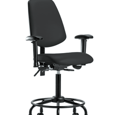 Vinyl Chair - Medium Bench Height with Round Tube Base, Medium Back, Adjustable Arms, & Casters in Black Trailblazer Vinyl - VMBCH-MB-RT-T0-A1-RC-8540