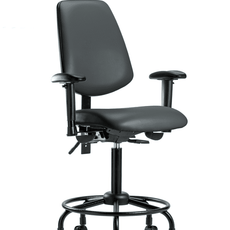 Vinyl Chair - Medium Bench Height with Round Tube Base, Medium Back, Adjustable Arms, & Casters in Carbon Supernova Vinyl - VMBCH-MB-RT-T0-A1-RC-8823