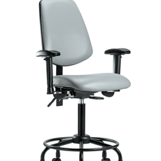 Vinyl Chair - Medium Bench Height with Round Tube Base, Medium Back, Seat Tilt, Adjustable Arms, & Casters in Dove Trailblazer Vinyl - VMBCH-MB-RT-T1-A1-RC-8567