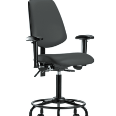 Vinyl Chair - Medium Bench Height with Round Tube Base, Medium Back, Seat Tilt, Adjustable Arms, & Casters in Charcoal Trailblazer Vinyl - VMBCH-MB-RT-T1-A1-RC-8605