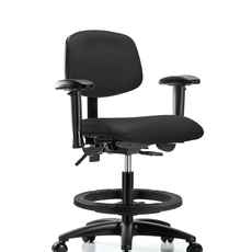 Vinyl Chair - Medium Bench Height with Adjustable Arms, Black Foot Ring, & Casters in Black Trailblazer Vinyl - VMBCH-RG-T0-A1-BF-RC-8540