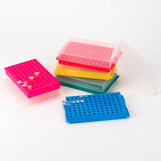 Reversible Rack with Cover for Microcentrifuge Tubes, 96-Place for 1.5mL and 2.0mL and Reverse Side is 96-Place for 0.2mL and 0.5mL Tubes, Pink, 5/Pack-456355P