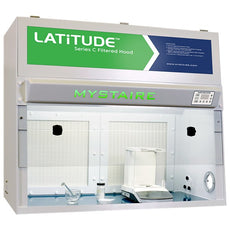 Mystaire 72" Latitude Series C ductless hood. Price includes HEPA filters, prefilters, blue base, trash bag port, and two power access ports. - MY-LBE72