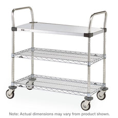 MW Series Utility Cart with 1 Stainless Steel Solid and 2 Chrome Wire Shelves, 18" x 30" x 38"
