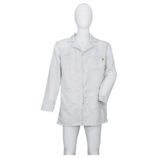 Tecstat L1 99% Poly, 1% Carbon Fiber White ESD Smock, Thigh Length, Lapel Collar, Snaps in Front & Cuffs, SM - ESM-B432