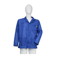 Tecstat LR 95% Poly, 5% Carbon Fiber Stretchable Royal Blue ESD Smock, Waist Length, Lapel Collar, Snaps in Front, Knit Cuffs, 6XLG - ESM-AL1A_I2-T4
