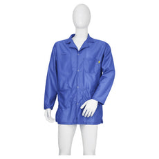 Tecstat LR 95% Poly, 5% Carbon Fiber Stretchable Royal Blue ESD Smock, Thigh Length, Lapel Collar, Snaps in Front & Cuffs, LG - ESM-AL34