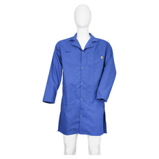 Tecstat PA 66% Poly,  32% Cotton, 2% Carbon Fiber ROYAL BLUE ESD Smock, Knee Length, Lapel Collar, Snaps in Front & Cuffs, XSM - ESM-A121