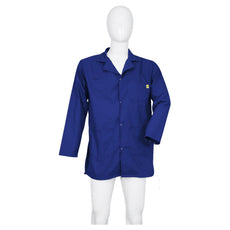 Tecstat PA 66% Poly,  32% Cotton, 2% Carbon Fiber NAVY BLUE ESD Smock, Knee Length, Lapel Collar, Snaps in Front & Cuffs, LG - ESM-M124