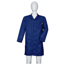 Cleanstat AD 98% Poly, 2% Carbon Fiber Navy Blue Cleanroom ESD Smock, Knee Length, Lapel Collar, Snaps in Front & Cuffs, MED - ESM-M623
