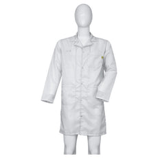 Cleanstat AD 98% Poly, 2% Carbon Fiber White Cleanroom ESD Smock, Knee Length, Lapel Collar, Snaps in Front & Cuffs, XLG - ESM-B625