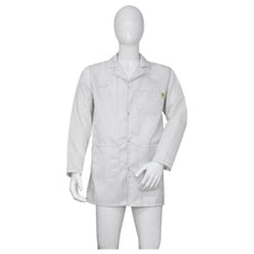 Cleanstat AD 98% Poly, 2% Carbon Fiber White Cleanroom ESD Smock, Thigh Length, Lapel Collar, Snaps in Front & Cuffs, MED - ESM-B633