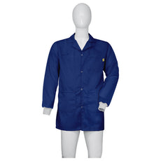 Cleanstat AD 98% Poly, 2% Carbon Fiber Navy Blue Cleanroom ESD Smock, Thigh Length, Lapel Collar, Snaps in Front, Knit Cuffs, LG - ESM-M634_I2-T4