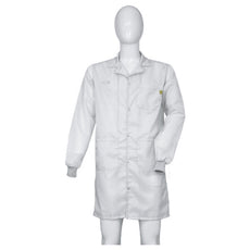 Cleanstat AD 98% Poly, 2% Carbon Fiber White Cleanroom ESD Smock, Knee Length, Lapel Collar, Snaps in Front, Knit Cuffs, SM - ESM-B622_I2-T4