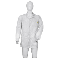 Cleanstat AD 98% Poly, 2% Carbon Fiber White Cleanroom ESD Smock, Thigh Length, Lapel Collar, Snaps in Front, Knit Cuffs, 4XLG - ESM-B638_I2-T4