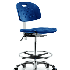 Class 10 Newport Industrial Polyurethane Clean Room Chair - High Bench Height with Chrome Foot Ring & Casters in Blue Polyurethane - CLR-HPHBCH-CR-T0-A0-CF-CC-BLU
