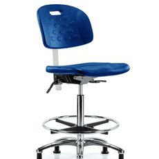 Class 10 Newport Industrial Polyurethane Clean Room Chair - High Bench Height with Chrome Foot Ring & Stationary Glides in Blue Polyurethane - CLR-HPHBCH-CR-T0-A0-CF-RG-BLU