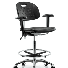 Class 100 Newport Industrial Polyurethane Clean Room Chair - High Bench Height with Adjustable Arms, Chrome Foot Ring, & Casters in Black Polyurethane - CLR-HPHBCH-CR-T0-A1-CF-CC-BLK