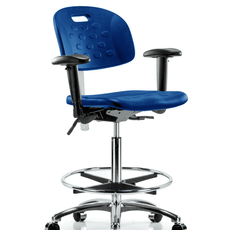 Class 100 Newport Industrial Polyurethane Clean Room Chair - High Bench Height with Adjustable Arms, Chrome Foot Ring, & Casters in Blue Polyurethane - CLR-HPHBCH-CR-T0-A1-CF-CC-BLU