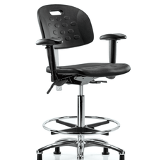 Class 100 Newport Industrial Polyurethane Clean Room Chair - High Bench Height with Adjustable Arms, Chrome Foot Ring, & Stationary Glides in Black Polyurethane - CLR-HPHBCH-CR-T0-A1-CF-RG-BLK