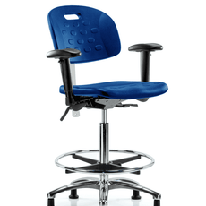 Class 100 Newport Industrial Polyurethane Clean Room Chair - High Bench Height with Adjustable Arms, Chrome Foot Ring, & Stationary Glides in Blue Polyurethane - CLR-HPHBCH-CR-T0-A1-CF-RG-BLU
