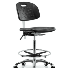 Class 100 Newport Industrial Polyurethane Clean Room Chair - High Bench Height with Seat Tilt, Chrome Foot Ring, & Casters in Black Polyurethane - CLR-HPHBCH-CR-T1-A0-CF-CC-BLK