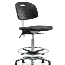 Class 100 Newport Industrial Polyurethane Clean Room Chair - High Bench Height with Seat Tilt, Chrome Foot Ring, & Stationary Glides in Black Polyurethane - CLR-HPHBCH-CR-T1-A0-CF-RG-BLK