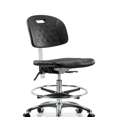 Class 10 Newport Industrial Polyurethane Clean Room Chair - Medium Bench Height with Chrome Foot Ring & Casters in Black Polyurethane - CLR-HPMBCH-CR-T0-A0-CF-CC-BLK