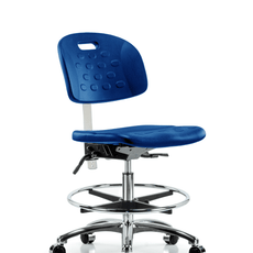 Class 10 Newport Industrial Polyurethane Clean Room Chair - Medium Bench Height with Chrome Foot Ring & Casters in Blue Polyurethane - CLR-HPMBCH-CR-T0-A0-CF-CC-BLU