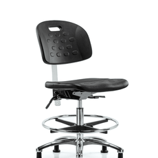 Class 10 Newport Industrial Polyurethane Clean Room Chair - Medium Bench Height with Chrome Foot Ring & Stationary Glides in Black Polyurethane - CLR-HPMBCH-CR-T0-A0-CF-RG-BLK