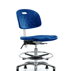 Class 10 Newport Industrial Polyurethane Clean Room Chair - Medium Bench Height with Chrome Foot Ring & Stationary Glides in Blue Polyurethane - CLR-HPMBCH-CR-T0-A0-CF-RG-BLU