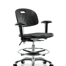Class 100 Newport Industrial Polyurethane Clean Room Chair - Medium Bench Height with Adjustable Arms, Chrome Foot Ring, & Casters in Black Polyurethane - CLR-HPMBCH-CR-T0-A1-CF-CC-BLK