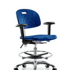 Class 100 Newport Industrial Polyurethane Clean Room Chair - Medium Bench Height with Adjustable Arms, Chrome Foot Ring, & Casters in Blue Polyurethane - CLR-HPMBCH-CR-T0-A1-CF-CC-BLU