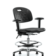 Class 100 Newport Industrial Polyurethane Clean Room Chair - Medium Bench Height with Adjustable Arms, Chrome Foot Ring, & Stationary Glides in Black Polyurethane - CLR-HPMBCH-CR-T0-A1-CF-RG-BLK