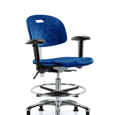 Class 100 Newport Industrial Polyurethane Clean Room Chair - Medium Bench Height with Adjustable Arms, Chrome Foot Ring, & Stationary Glides in Blue Polyurethane - CLR-HPMBCH-CR-T0-A1-CF-RG-BLU