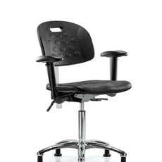 Class 100 Newport Industrial Polyurethane Clean Room Chair - Medium Bench Height with Adjustable Arms & Stationary Glides in Black Polyurethane - CLR-HPMBCH-CR-T0-A1-NF-RG-BLK