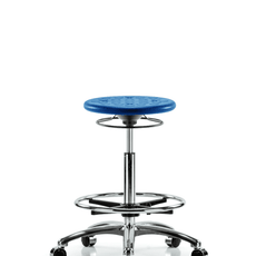 Class 10 Huron Polyurethane Clean Room Stool - High Bench Height with Chrome Foot Ring & Casters in Blue Polyurethane - CLR-IPHBSO-CR-CF-CC-BLU