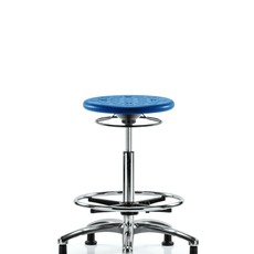 Class 10 Huron Polyurethane Clean Room Stool - High Bench Height with Chrome Foot Ring & Stationary Glides in Blue Polyurethane - CLR-IPHBSO-CR-CF-RG-BLU