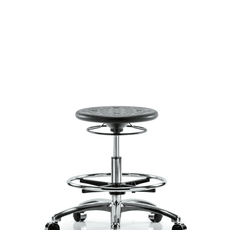 Class 10 Huron Polyurethane Clean Room Stool - Medium Bench Height with Chrome Foot Ring and Casters in Black Polyurethane - CLR-IPMBSO-CR-CF-CC-BLK