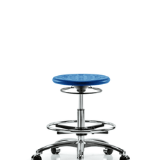 Class 10 Huron Polyurethane Clean Room Stool - Medium Bench Height with Chrome Foot Ring & Casters in Blue Polyurethane - CLR-IPMBSO-CR-CF-CC-BLU
