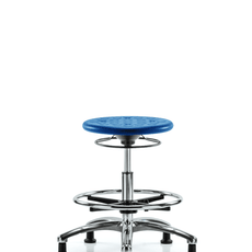 Class 10 Huron Polyurethane Clean Room Stool - Medium Bench Height with Chrome Foot Ring & Stationary Glides in Blue Polyurethane - CLR-IPMBSO-CR-CF-RG-BLU
