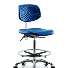 Class 10 Polyurethane Clean Room Chair - High Bench Height with Chrome Foot Ring & Casters in Blue Polyurethane - CLR-PHBCH-CR-CF-CC-BLU