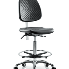 Class 10 Polyurethane Clean Room Chair - High Bench Height with Medium Back, Chrome Foot Ring, & Casters in Black Polyurethane - CLR-PHBCH-MB-CR-CF-CC-BLK
