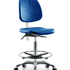 Class 10 Polyurethane Clean Room Chair - High Bench Height with Medium Back, Chrome Foot Ring, & Casters in Blue Polyurethane - CLR-PHBCH-MB-CR-CF-CC-BLU