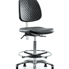 Class 10 Polyurethane Clean Room Chair - High Bench Height with Medium Back, Chrome Foot Ring, & Stationary Glides in Black Polyurethane - CLR-PHBCH-MB-CR-CF-RG-BLK