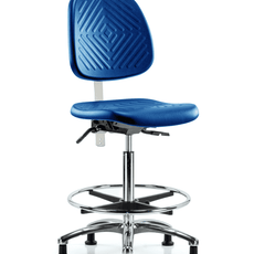 Class 10 Polyurethane Clean Room Chair - High Bench Height with Medium Back, Chrome Foot Ring, & Stationary Glides in Blue Polyurethane - CLR-PHBCH-MB-CR-CF-RG-BLU