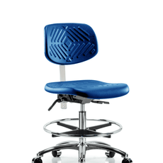 Class 10 Polyurethane Clean Room Chair - Medium Bench Height with Chrome Foot Ring & Casters in Blue Polyurethane - CLR-PMBCH-CR-CF-CC-BLU