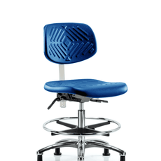 Class 10 Polyurethane Clean Room Chair - Medium Bench Height with Chrome Foot Ring & Stationary Glides in Blue Polyurethane - CLR-PMBCH-CR-CF-RG-BLU